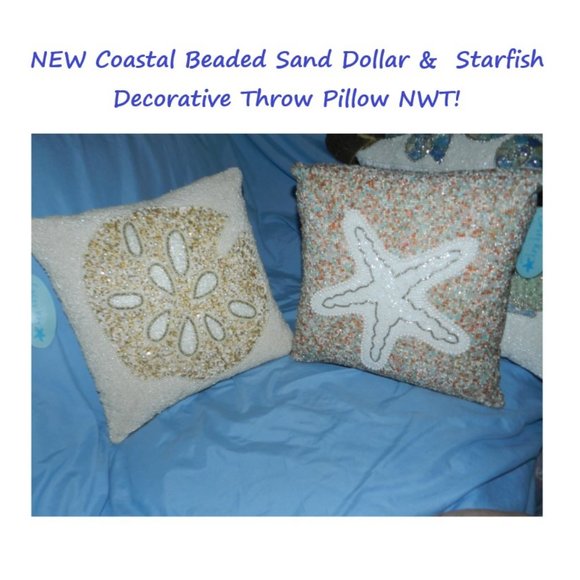 COASTAL BEADED SAND DOLLAR & STARFISH 14" X 14" THROW PILLOWS/DECOR CASES🆕HP - Picture 2 of 15